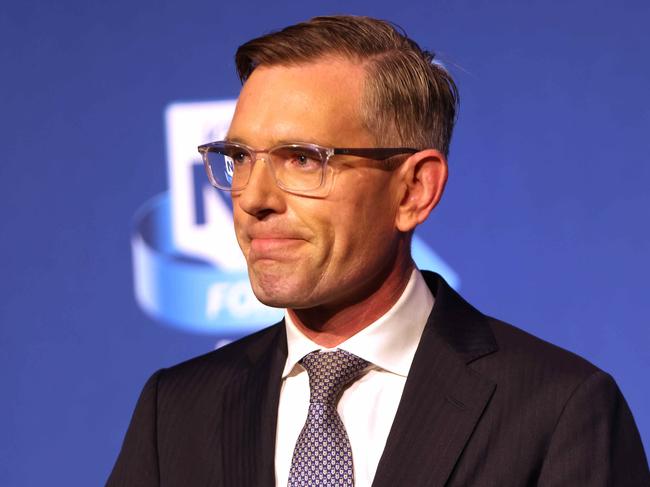 WEEKEND TELEGRAPH, MARCH 25, 2022: Dominic Perrottet pictured on stage with his wife at the Liberal Election Party at the Hilton Hotel, Sydney CBD. Picture: Damian Shaw