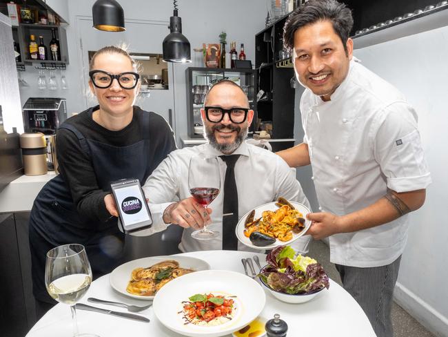 MELBOURNE, AUSTRALIA - OCTOBER 25 2024Simona Deoregi and shef Sulav Paudel with owner Gabriele Piacentini at Italian restaurant Cucina. Cucina Toorak owner Gabriele Piacentini has ditched weekend and card surcharges to please his picky posh guests. Picture: Brendan Beckett