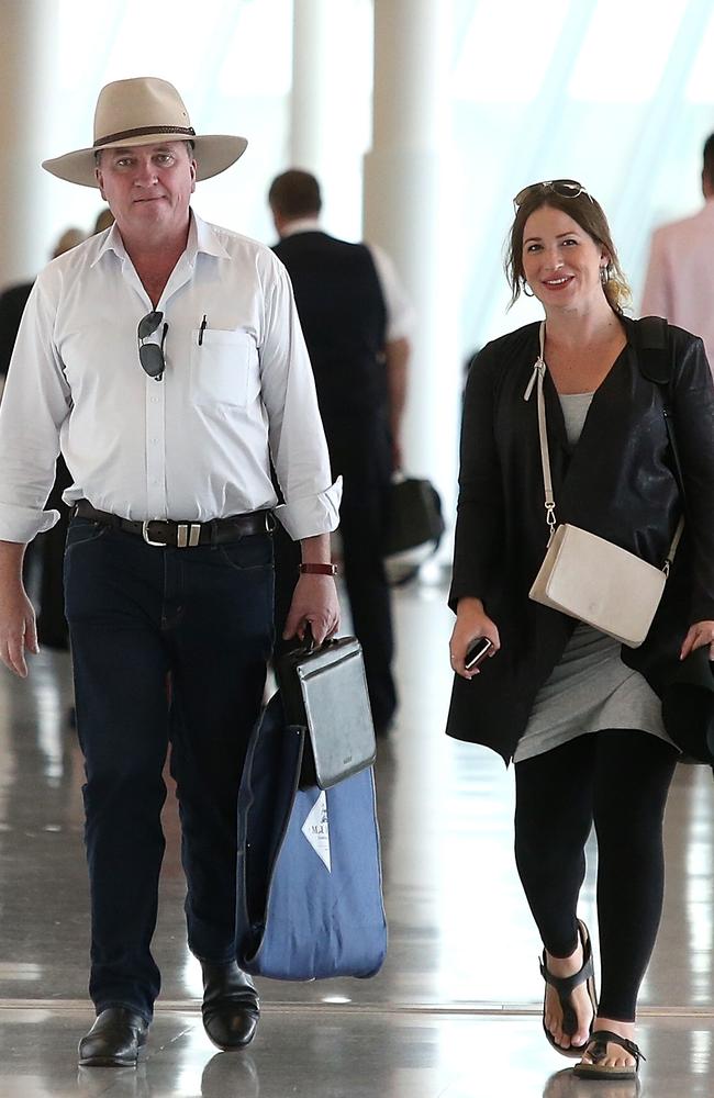 Former Deputy Prime Minister Barnaby Joyce and his pregnant partner Vikki Campion pictured at Canberra airport. Picture: Kym Smith