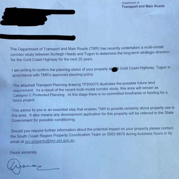 A letter sent by the Department of Transport and Main Roads to residents on the Gold Coast Highway at Tugun regarding light rail resumptions. Picture: Karen Rowles/Facebook