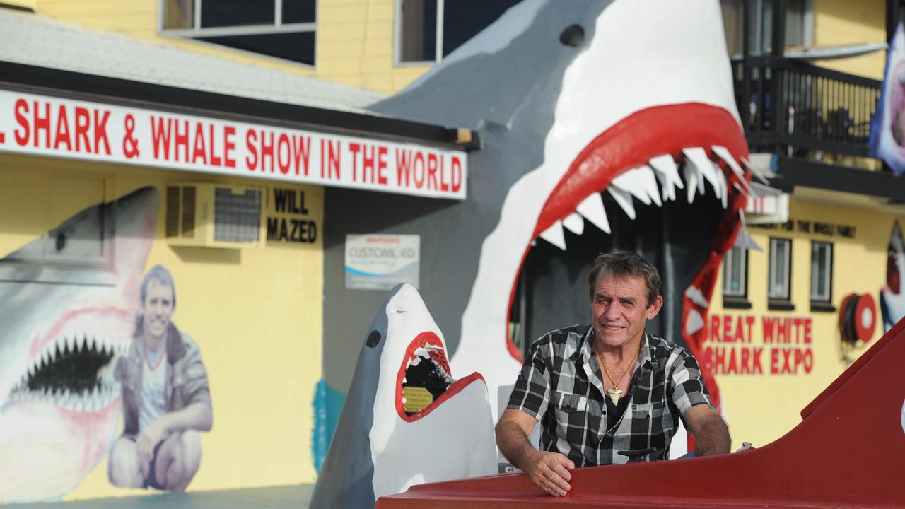 Vic Hislop out the front of his newly reopened shark show. Photo: Alistair Brightman / Fraser Coast Chronicle