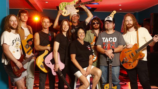 The Railway Hotel at Windsor in north western Sydney - Leanne Gough (centre seated) with musicians Sam Firth, Bradman Marks, Douglas King, Jacqui Abbott, Matt Charnley, Bailey Ayre, Joel Haszczywnyk and Mitchell Price. Picture: Richard Dobson