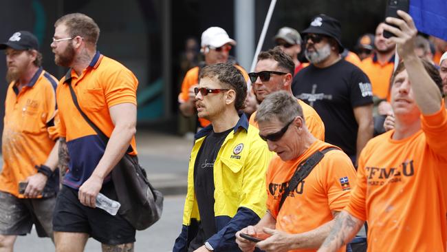 CFMEU workers pictured marching through the streets of Brisbane, 27th August 2024.