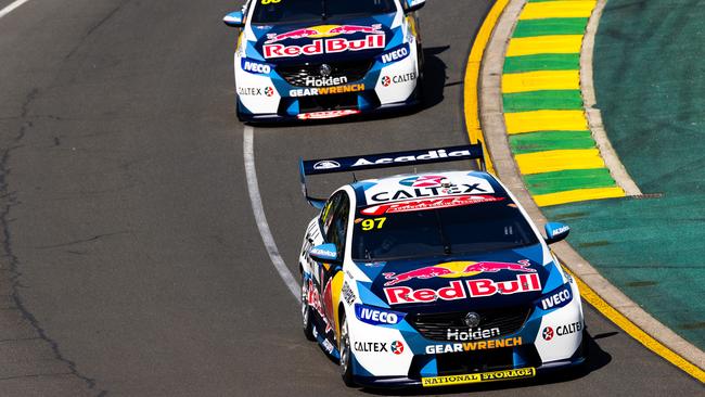 Red Bull Holden Racing driver Shane van Gisbergen leads teammate Jamie Whincup at Albert Park. Whincup expects a similar outcome when the two are racing in a new Eseries online. Picture: Getty Images