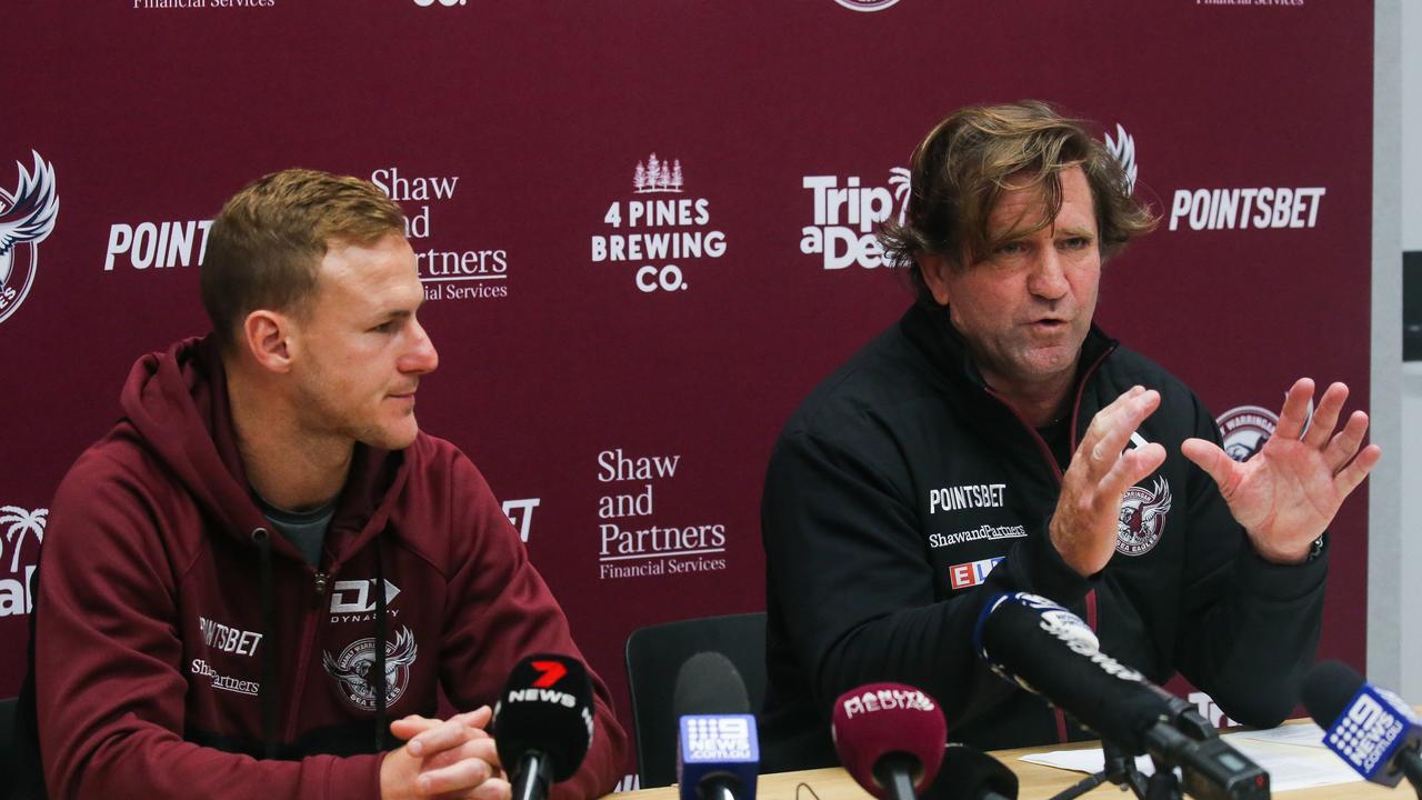 Manly captain Daly Cherry-Evans and coach Des Hasler addressing the media around the pride jersey debacle in July. Picture: NCA Newswire/Gaye Gerard