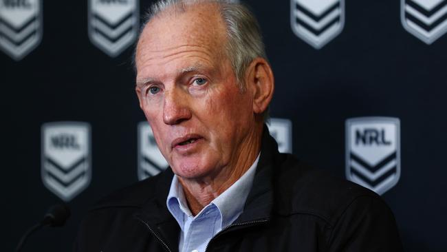 SYDNEY, AUSTRALIA - SEPTEMBER 02: Dolphins coach Wayne Bennett speaks to media during a NRL media opportunity at Rugby League Central on September 02, 2022 in Sydney, Australia. (Photo by Mark Metcalfe/Getty Images)