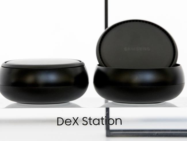 The Samsung DeX dock plugs into a monitor, keyboard and mouse. Picture: AP Photo/Mary Altaffer