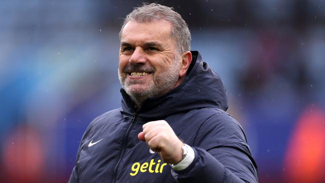 BIRMINGHAM, ENGLAND - MARCH 10: Ange Postecoglou, Manager of Tottenham Hotspur, celebrates victory in the Premier League match between Aston Villa and Tottenham Hotspur at Villa Park on March 10, 2024 in Birmingham, England. (Photo by Alex Pantling/Getty Images)