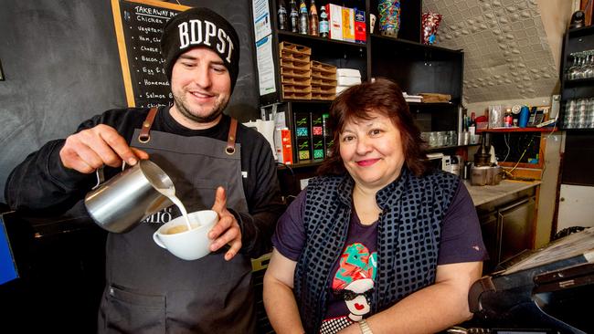 The Bean Thief owner Sophie Markessinis with barista Tom McLeish has been struggling through Melbourne's second lockdown. Picture: Tony Gough