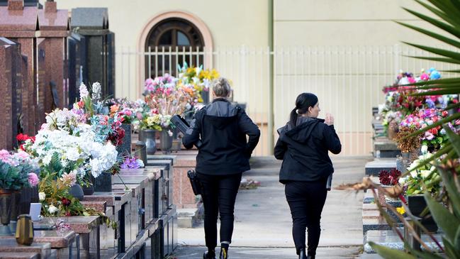 Police at Preston Cemetery to investigate the break-in at Meshlin Marrogi’s crypt. Picture: Andrew Henshaw