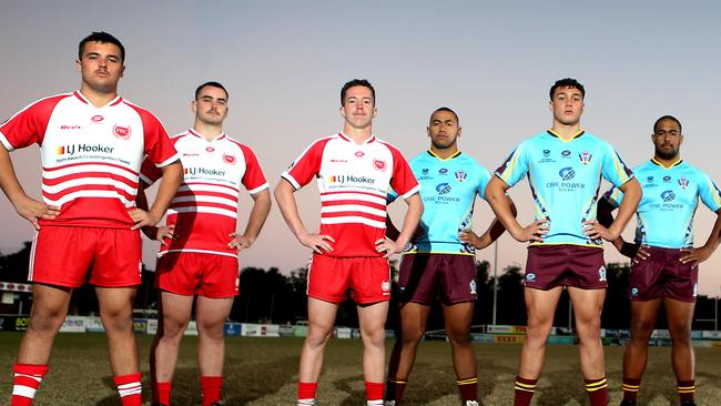 Players from Gold Coast Schools Coombabah SHS, Keebra Park SHS and Palm Beach Currumbin SHS together for a Langer Cup preview. (L-R) are Jack Cullen, Kaden Somerville, Tom Weaver (Palm Beach Currumbin), Immanuel Kalekale, Seth Nikotemo, Salasoâo Soi (Keebra Park). Picture: Richard Gosling