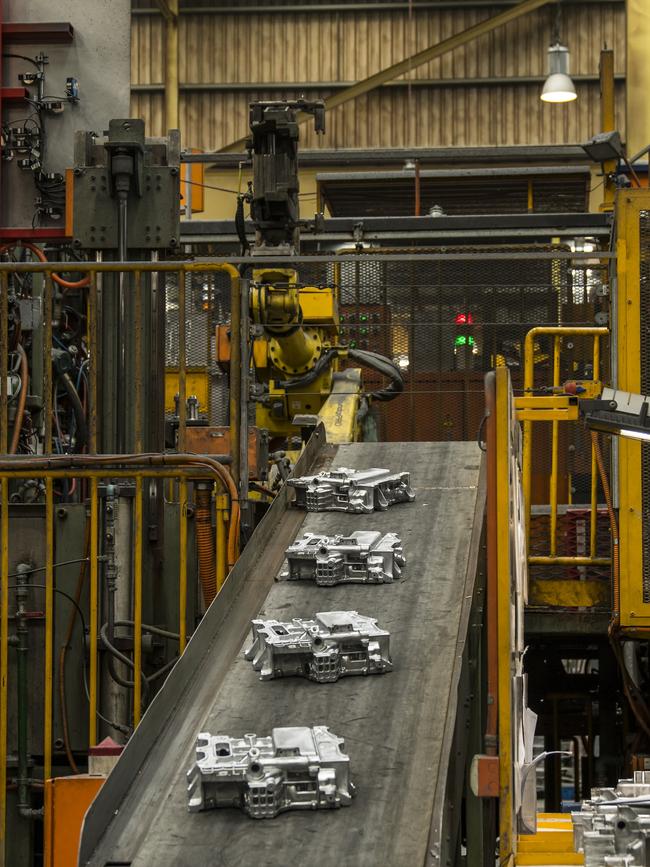 Components for the global supply chain for Nissan LEAF electric vehicles. The water jackets are made at Nissan Casting Australia in south-east Melbourne. The aluminium parts bear an Australian-made kangaroo insignia. Picture: Nissan Australia