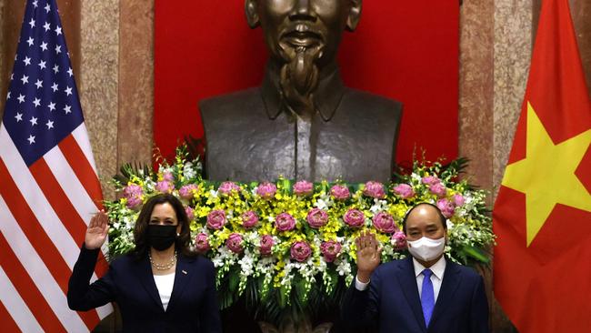 US Vice President Kamala Harris and Vietnam's President Nguyen Xuan Phuc during a billateral meeting in Hanoi, Vietnam. Picture: AFP