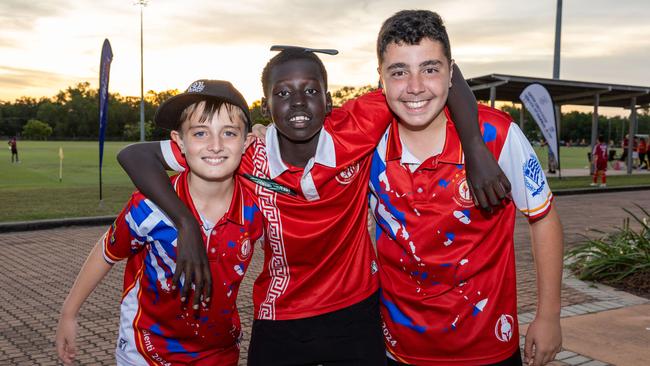 Dimitrios Prouzos, Aleu Atem and Skevos Halikos at the fifth annual GleNTi Cup between Hellenic AC and Darwin Olympic SC, June 3, 2025. Picture: Pema Tamang Pakhrin