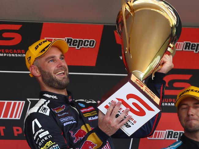 BATHURST, AUSTRALIA - FEBRUARY 28: Shane van Gisbergen driver of the #97 Red Bull Ampol Holden Commodore ZB celebrates after winning race two of the Mount Panorama 500 which is part of the 2021 Supercars Championship, at Mount Panorama on February 28, 2021 in Bathurst, Australia. (Photo by Robert Cianflone/Getty Images)