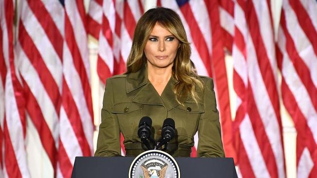 US First Lady Melania Trump addresses the Republican Convention during its second day from the Rose Garden of the White House.