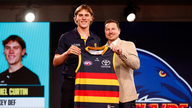 Crows’ 2023 draft pick Daniel Curtin with Mark Bickley. The AFL ditched skinfold tests for draft prospects in 2021 over “body shaming” concerns. Picture: Michael Willson/AFL Photos