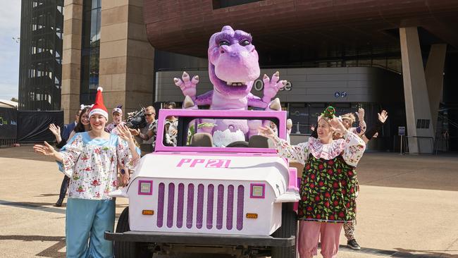 New Pageant float Izzy the Dinosaur at Adelaide Oval, Wednesday. Picture: Matt Loxton.