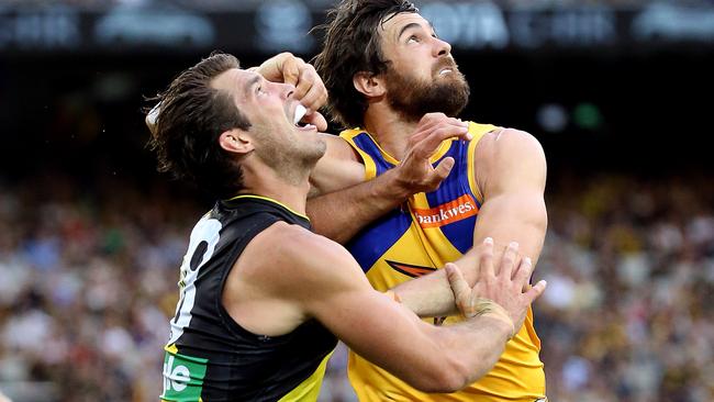 Richmond’s Alex Rance battles with West Coast’s Josh Kennedy.