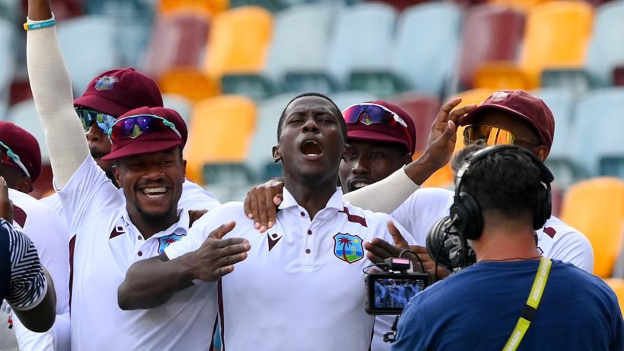 Shamar Joseph of the West Indies celebrates. Photo by Bradley Kanaris/Getty Images