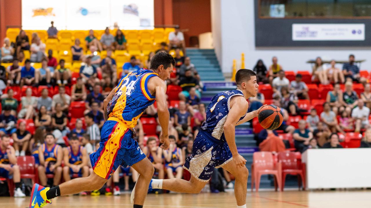 Freddy Webb dribbles the ball. Darwin Basketball Men's Championship Round 20: Ansett v Tracy Village Jets. Picture: Che Chorley