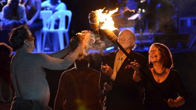 Jinibara traditional owners at a past Woodford Folk Festival fire event.