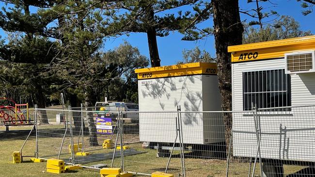 The construction worker huts in the park near the Southport Surf Lifesaving Club at Main Beach on the Gold Coast.