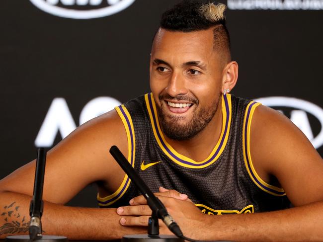 MELBOURNE, AUSTRALIA - JANUARY 27: Nick Kyrgios of Australia speaks at his post match press conference on day eight of the 2020 Australian Open at Melbourne Park on January 27, 2020 in Melbourne, Australia. (Photo by Jonathan DiMaggio/Getty Images)