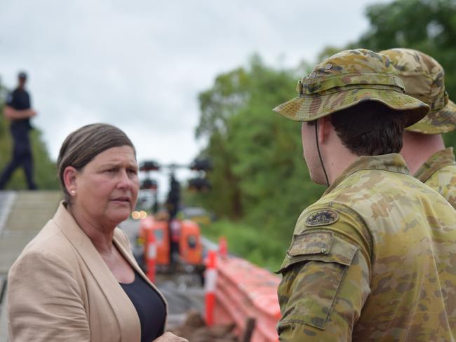 Member for Mundingburra, Janelle Poole talking to soldiers from 3CER at the site of Ollera Creek crossing which was damaged by flood waters. 8/02/25