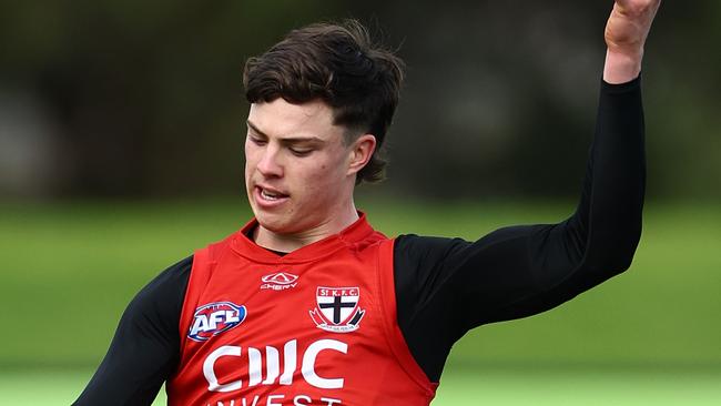 MELBOURNE, AUSTRALIA - JUNE 04: Darcy Wilson of the Saints kicks during a St Kilda Saints AFL training session at RSEA Park on June 04, 2024 in Melbourne, Australia. (Photo by Quinn Rooney/Getty Images)