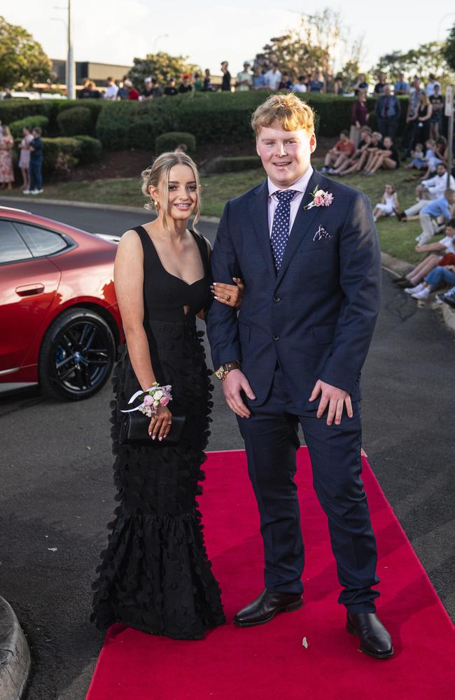 Graduate William Steer and partner Avery Stevens arrive at Mary MacKillop Catholic College formal at Highfields Cultural Centre, Thursday, November 14, 2024. Picture: Kevin Farmer