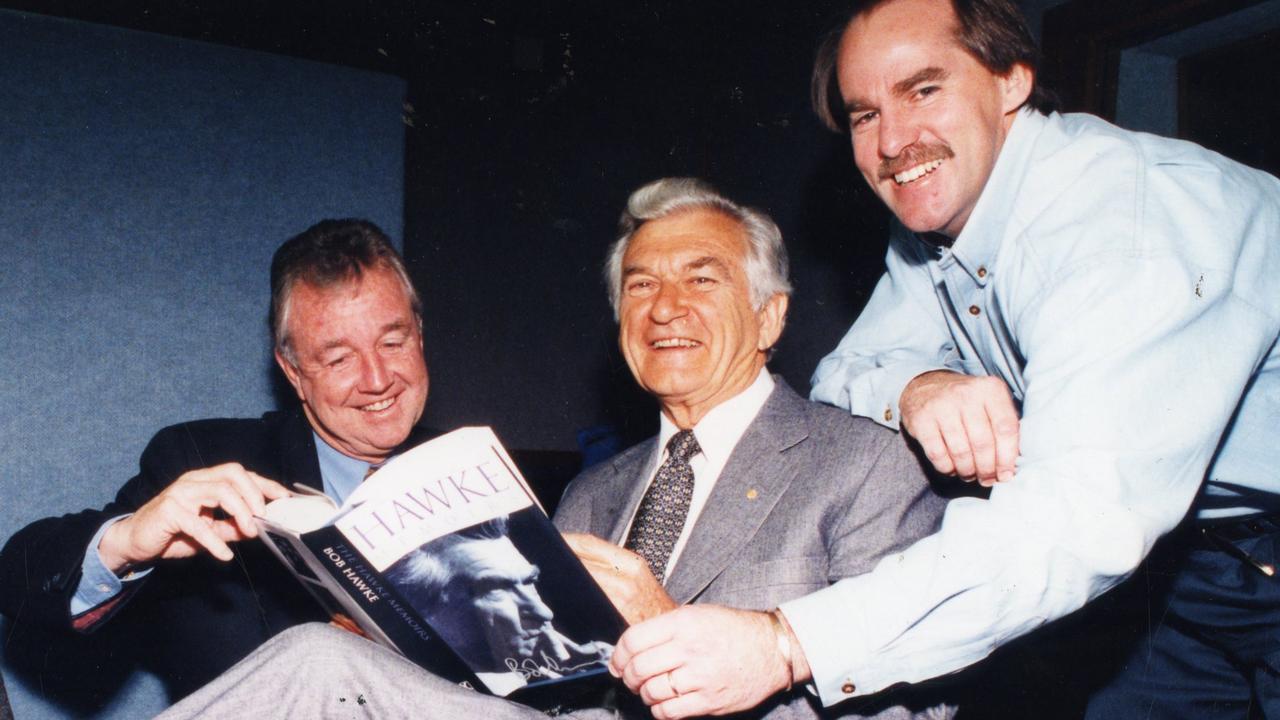 Bob Hawke with radio commentators Ken Cunningham (l) and David Hookes at Radio 5AA in Adelaide for interview to promote his book the "Hawke Memoirs", 24 Aug 1994.