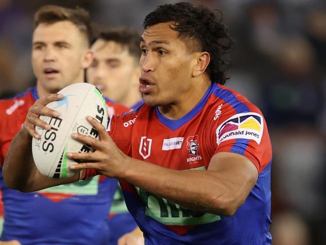 NEWCASTLE, AUSTRALIA - JULY 01: Daniel Saifiti of the Knights in action during the round 16 NRL match between the Newcastle Knights and the Gold Coast Titans at McDonald Jones Stadium, on July 01, 2022, in Newcastle, Australia. (Photo by Ashley Feder/Getty Images)