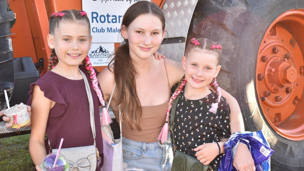 Ellie-rose Davies, Kari Galletly, and Eliza Davies of Cannonvale and Mandalay rode the ‘Cliff Hanger’ ride three times on Friday. Picture: Kirra Grimes