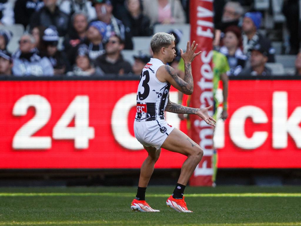 Bobby Hill doing the Shake A Leg dance at the MCG during the first half of Sir Doug Nicholls Round. Picture: Dylan Burns/AFL Photos via Getty Images.