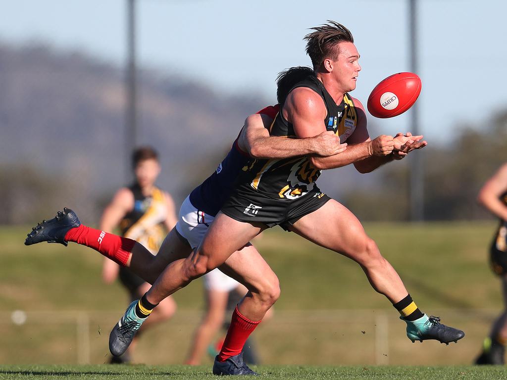 Tigers Kieran Lovell looks to take a mark in their TSL clash against North Hobart on Good Friday.Picture: NIKKI DAVIS-JONES