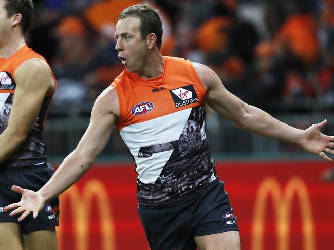 Giants Steve Johnson celebrates his last quarter goal during AFL match GWS Giants v Sydney Swans at Spotless Stadium. Picture. Phil Hillyard