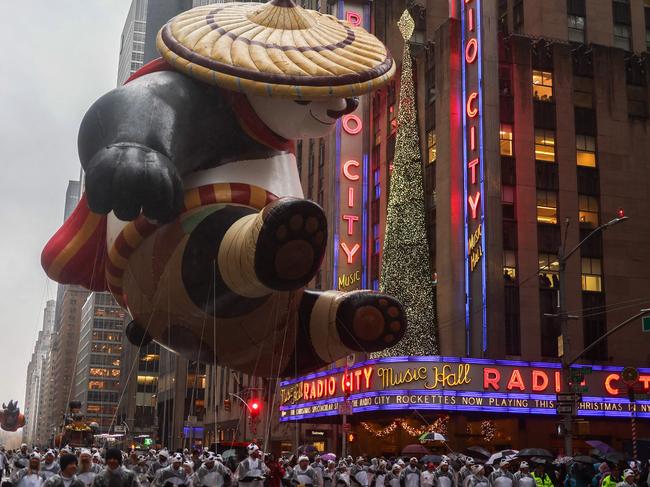 The Kung Fu Panda balloon floats past Radio City Music Hall during the annual Macy's Thanksgiving Day Parade in New York City. Picture: AFP