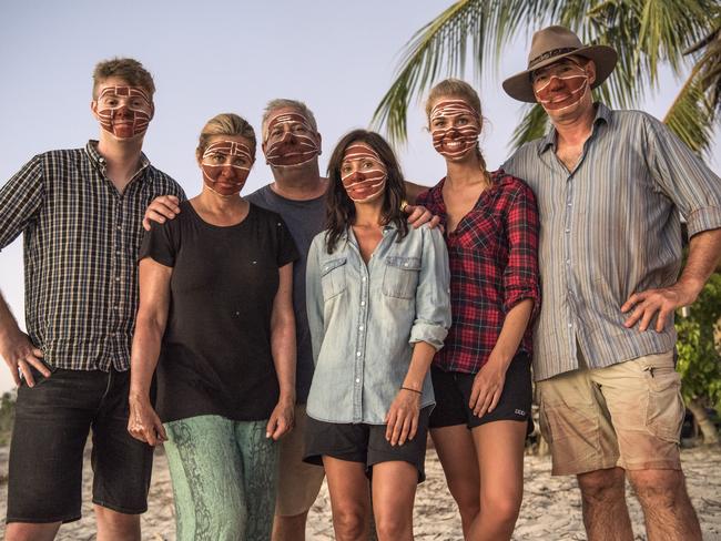 Comedian Tom Ballard, actor Nicki Wendt, TV personality Ian ‘Dicko’ Dickson, singer Natalie Imbruglia, former Miss Australia Renae Ayris and ex-One Nation politician David Oldfield on location in East Arnhem Land. Picture: David Dare Parker