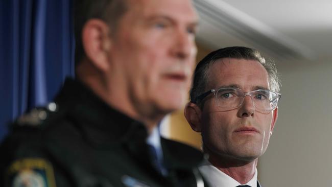 NSW Premier Dominic Perrottet and NSW Police Force Acting Commissioner David Hudson (left) announce measures to tackle encrypted communications used by organise crime and people with unexplained wealth. Picture: NCA NewsWire / David Swift