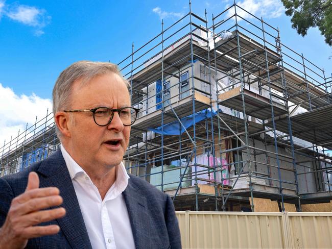 Prime Minister Anthony Albanese, and an apartment block under construction. Pictures: Rob Burnett, Newswire