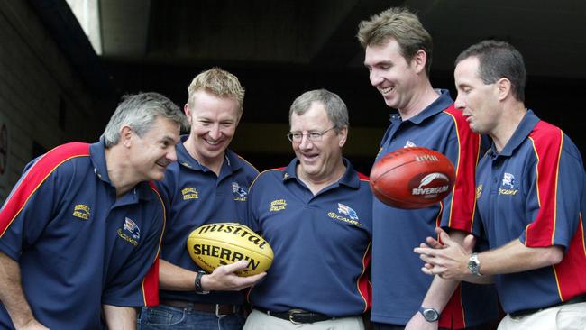 Former Crows assistants David Noble and Alan Stewart, second and third from left, were part of the panel to hire another former assistant Don Pyke, far right, in 2015.