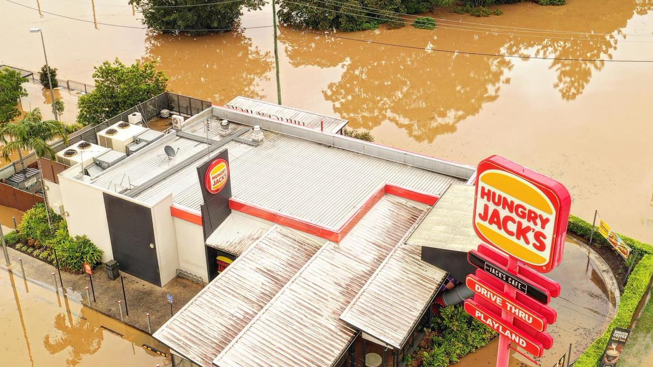 Hungry Jack's, Gympie, during the February 2022 floods. Photo: Infinity Flights Photography