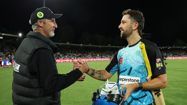 New Pakistan coach Jason Gillespie (left) and Matt Short find themselves on opposing sides this month after six seasons together at the Adelaide Strikers. Picture: Mark Metcalfe / Getty Images