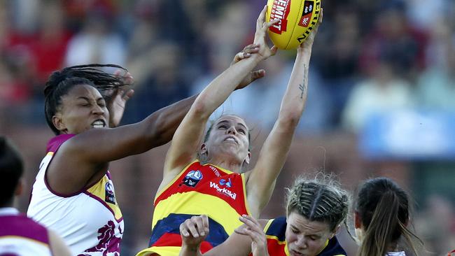 Chelsea Randall takes a strong mark against the Lions on Saturday. Picture: Sarah Reed