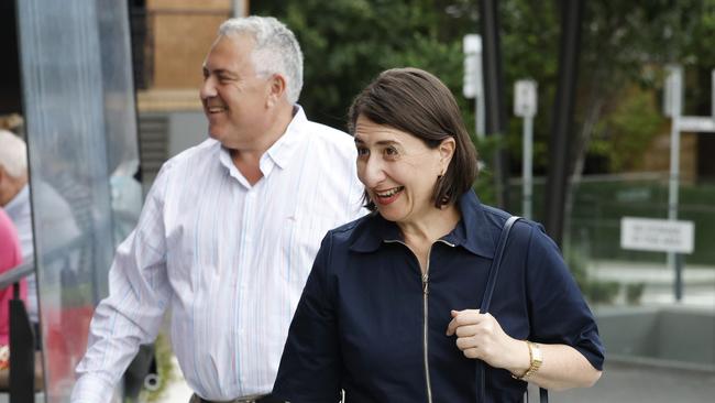 Joe Hockey and Gladys Berejiklian arrive at the vent on Sunday. Picture: Richard Dobson