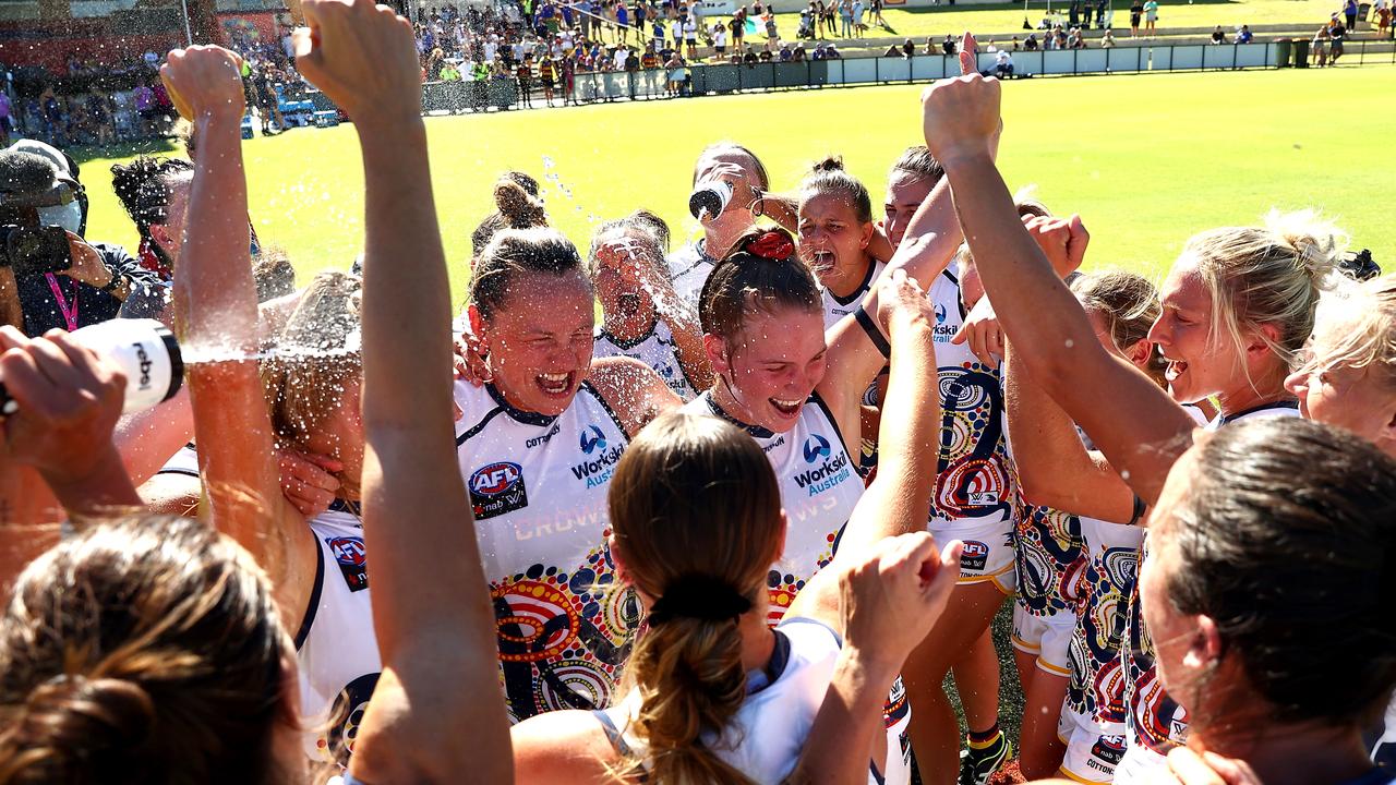 Adelaide players sing the song after the club’s win over West Coast. Picture: Getty Images