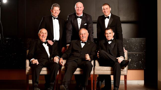 2017 AFL Hall of Fame inductees and legend (from left) John Halbert, Brett Allen, Barry Hall, Malcom Blight, Simon Goodwin and Anthony Stevens. Picture: Bianca De Marchi