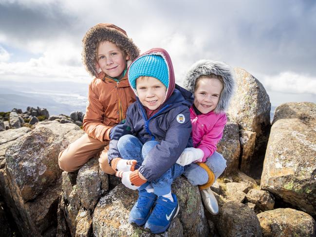 Patrick 9, Finn, 4 and Evie 6, Fjeldsoe from Brisbane rugged up for a trip to the summit of Mt Wellington / kunanyi before the weather gets even colder tomorrow. Picture: Richard Jupe