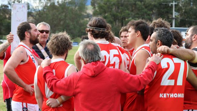 Swan Reach coach Joel Waters addresses his players in a match last season. Picture: Supplied